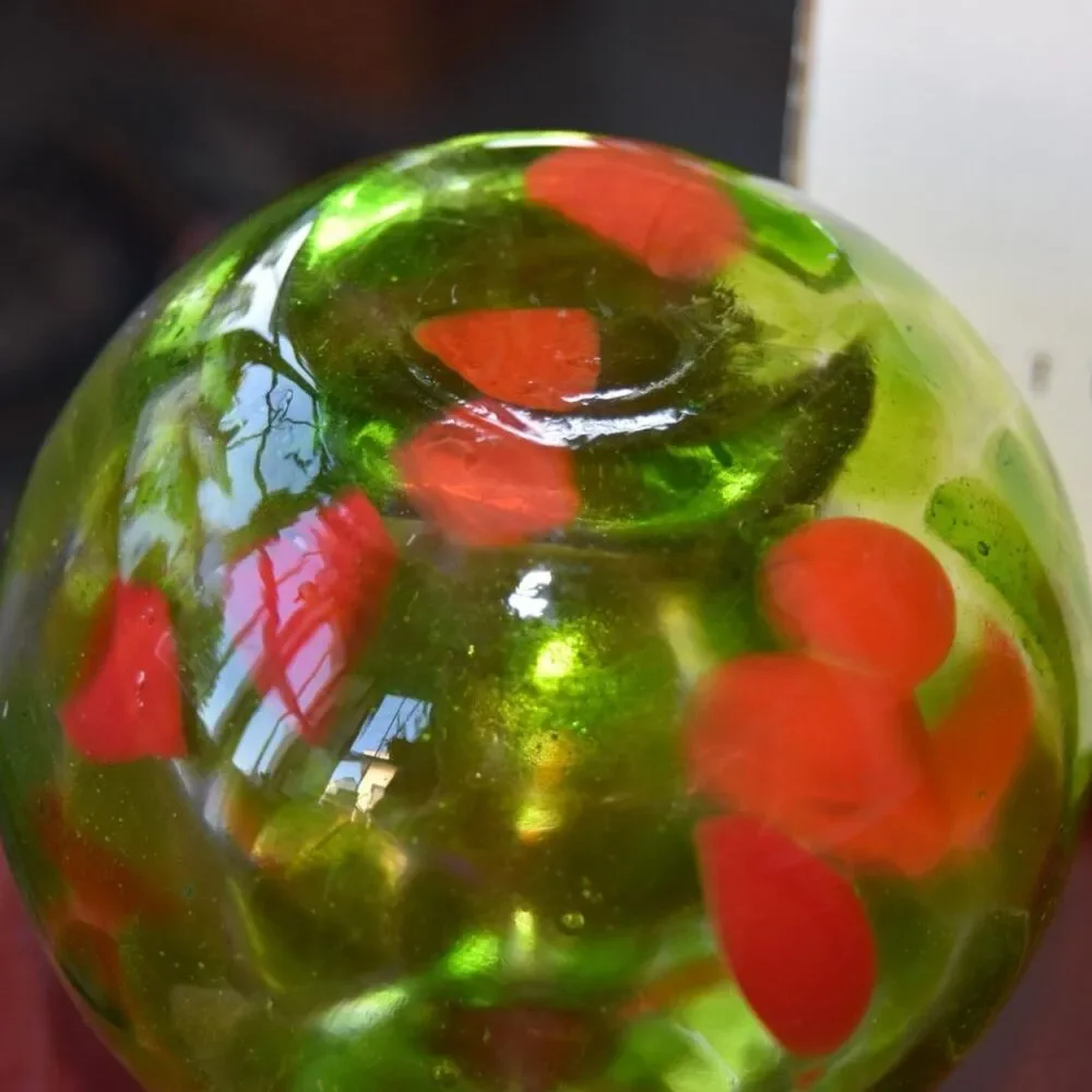 Pottery Barn Hand Blown Art Glass Bud Vase Green Red Polka Dot Ruffled 5”